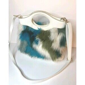 Faux Fur Shaggy Handbag White Vegan Leather Crossbody Satchel Blue Green Multi